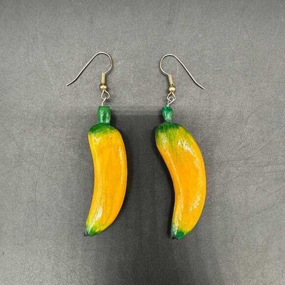 Banana Earrings Wooden Tropical Fruit Dangle Drop Yellow Kitschy Funky Beach - Picture 3 of 6